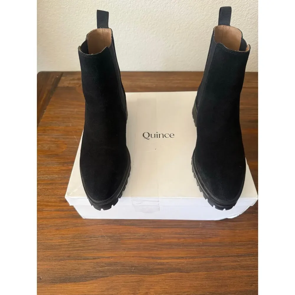 Quince Black Suede Leather Chelsea Ankle Boots Lug Sole Pointed Toe Classic 8